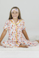 Beyaz Renk ve Ayıcık DesenliTeknur 40650 Pamuk Önden Düğmeli Kız Çocuk Pijama Takımı-Teknur