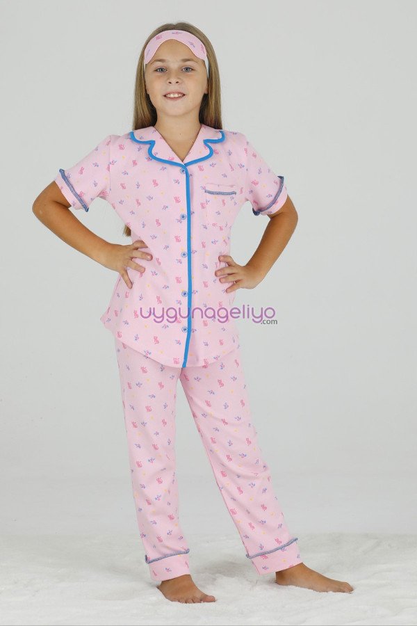 Pembe Renk ve Kedi Desenli Teknur 40658 Pamuk Önden Düğmeli Kız Çocuk Pijama Takımı Pembe Renk ve Kedi Desenli Teknur 40658 Pamuk Önden Düğmeli Kız Çocuk Pijama Takımı, Teknur-40658, Teknur Pijama Takımı