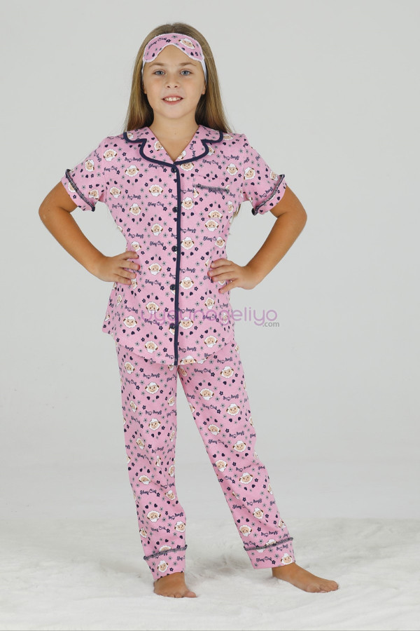 Pembe Renk ve Kuzucuk DesenliTeknur 40661 Pamuk Önden Düğmeli Kız Çocuk Pijama Takımı-Teknur