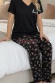 Siyah Renkli ve Çiçek Desenli 12670 Pamuklu Kadınların Tercihi Kısa Kol Pijama Takımı, L-12670, Kısa Kollu Pijama Takımları, M-12670