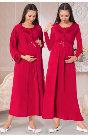 Bordo Renk ve Dantelli Jenika 26527 2 li Sabahlıklı Lohusa Gecelik Pijama Takımı