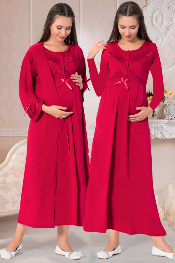 Bordo Renk ve Dantelli Jenika 26527 2 li Sabahlıklı Lohusa Gecelik Pijama Takımı, jenika-26527, Lohusa - Hamile Gecelik Takım