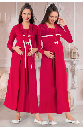 Bordo Renk ve Dantelli  Jenika 26557 2 li Sabahlıklı Lohusa Gecelik Pijama Takımı