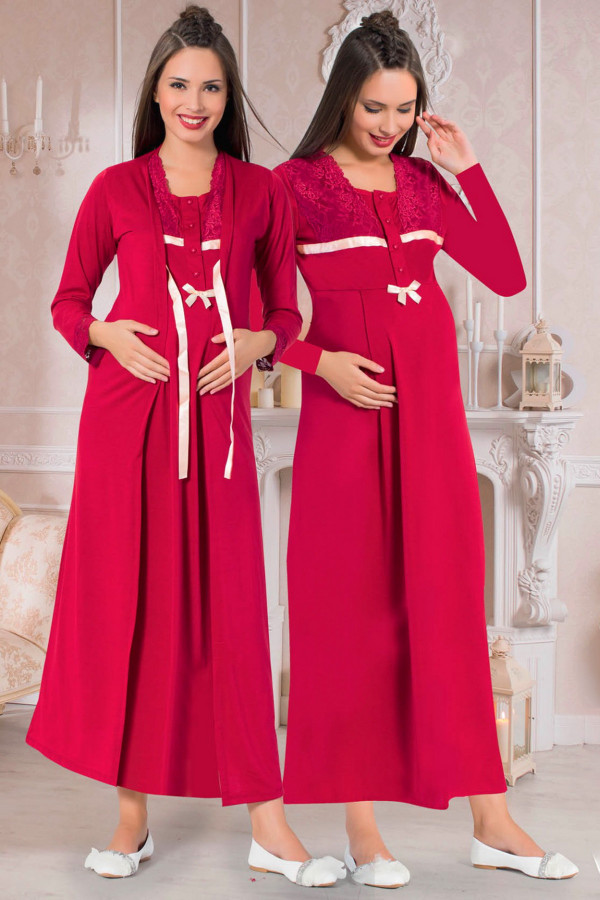 Bordo Renk ve Dantelli  Jenika 26557 2 li Sabahlıklı Lohusa Gecelik Pijama Takımı, jenika-26557, Lohusa - Hamile Gecelik Takım