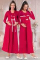 Bordo Renk ve Dantelli  Jenika 26557 2 li Sabahlıklı Lohusa Gecelik Pijama Takımı