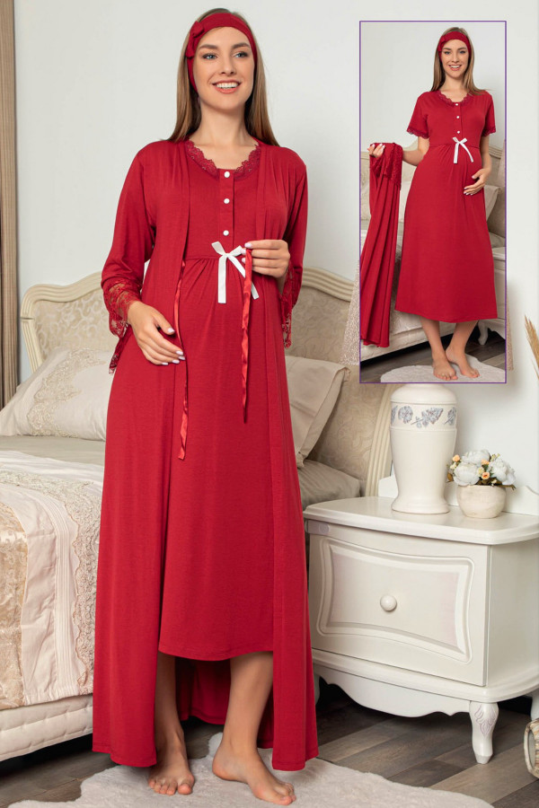 Bordo Renk ve Dantel Detaylı Jenika 48146 2 li Sabahlıklı Lohusa Gecelik Pijama Takımı, jenika-48146, Lohusa - Hamile Gecelik Takım