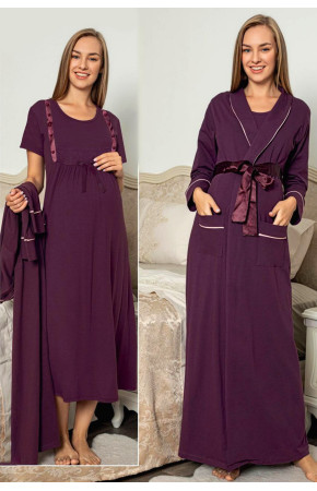 Mürdüm Renk ve Dantel Detaylı Jenika 49216 2 li Sabahlıklı Hamile Gecelik Takım