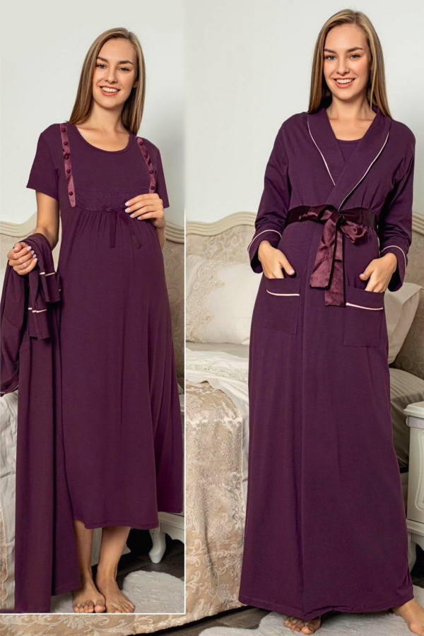 Mürdüm Renk ve Dantel Detaylı Jenika 49216 2 li Sabahlıklı Hamile Gecelik Takım, jenika-49216, Lohusa - Hamile Gecelik Takım