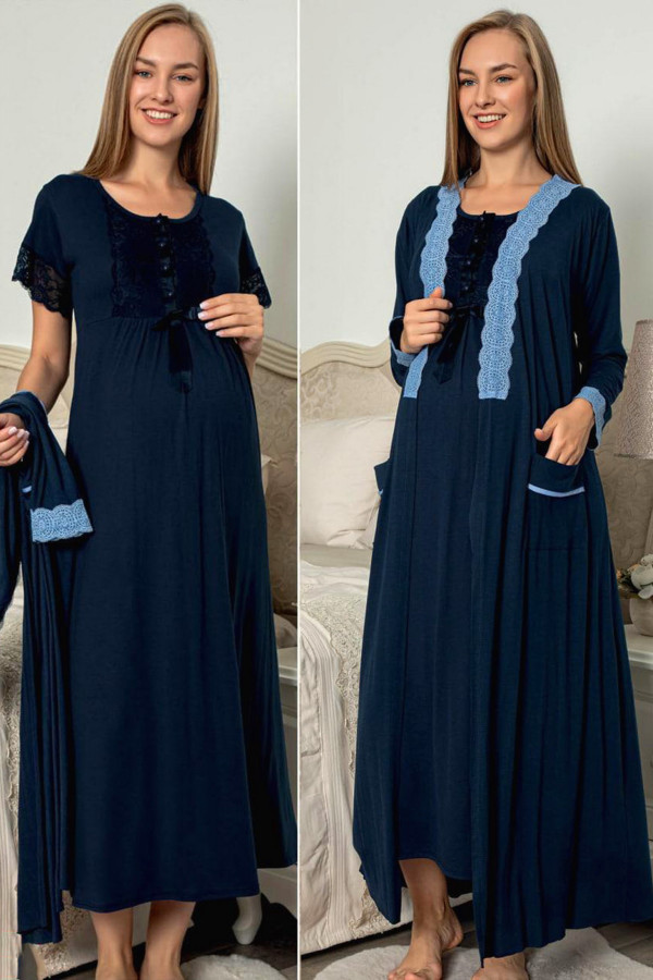 Lacivert Renk ve Sabahlıklı Jenika 49220 2 li Sabahlıklı Hamile Gecelik Takım, jenika-49220, Lohusa - Hamile Gecelik Takım