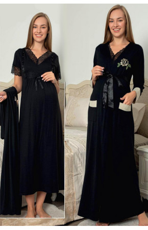 Siyah Renk Sabahlıklı ve Dantel Detaylı  Jenika 49225 2 li Sabahlıklı Hamile Gecelik Takım