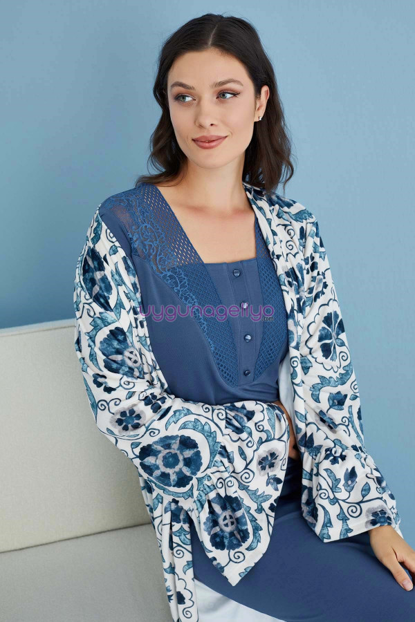 İndigo Renk Tuba 23452 Uzun Kol Dantel Detaylı 2li ve Sabahlıklı Hamile Gecelik Takım Set, Tuba-İndigo-23452, Tuba Pijama Takımı