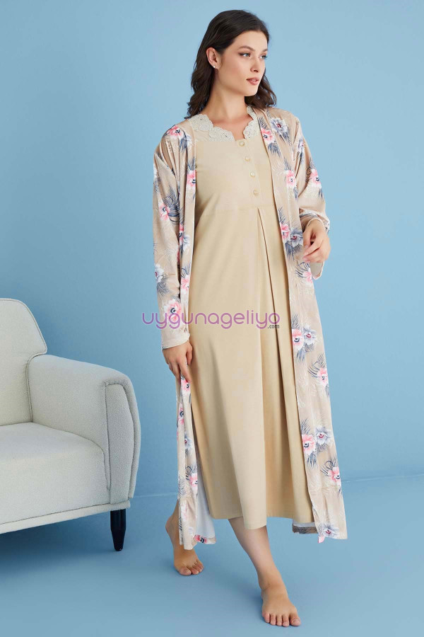 Somon Renk Tuba 22450 Uzun Kol Dantel Detaylı 2li ve Sabahlıklı Hamile Gecelik Takım Set, Tuba-Somon-22450, Tuba Pijama Takımı