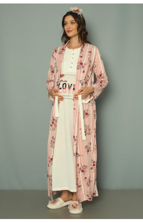 Pembe - Beyaz Renk Erdeniz 2257 2 Parça Sabahlıklı Hamile Gecelik Takımı
