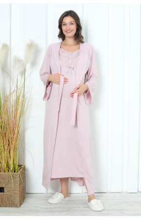 Pudra Renk Dantel Detaylı Erdeniz 2258 2 Parça Sabahlıklı Hamile Gecelik Takım