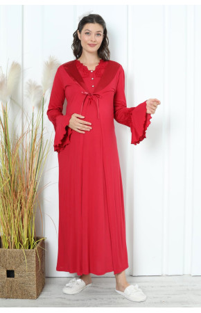 Kırmızı Renk Dantel Detaylı Erdeniz 2259 2 Parça Sabahlıklı Hamile Gecelik Takım