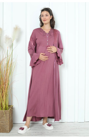 Vişne Renk Dantel Detaylı Erdeniz 2259 2 Parça Sabahlıklı Hamile Gecelik Takım