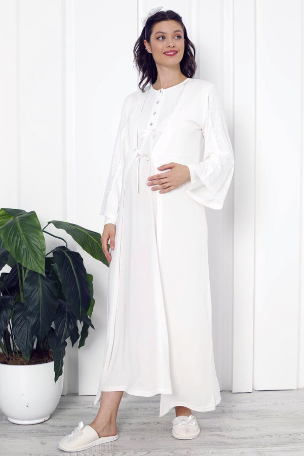 Ekru Renk Dantel Detaylı Erdeniz 2261 2 Parça Sabahlıklı Hamile Gecelik Takım, Erdeniz-EK-2261, Erdeniz Pijama Takımı