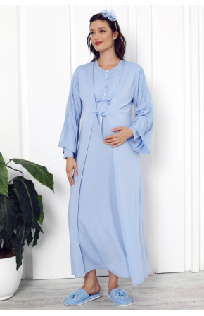 Bebe Mavisi Renk Dantel Detaylı Erdeniz 2261 2 Parça Sabahlıklı Hamile Gecelik Takım
