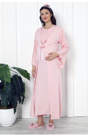 Bebe Pembesi Renk Dantel Detaylı Erdeniz 2261 2 Parça Sabahlıklı Hamile Gecelik Takım