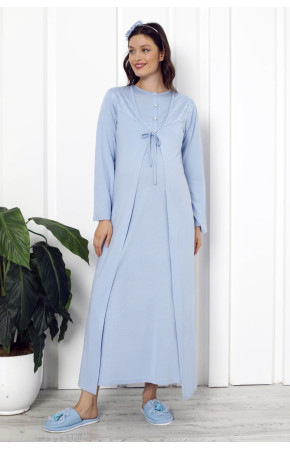 Bebe Mavisi Renk Dantel Detaylı Erdeniz 2262 2 Parça Sabahlıklı Hamile Gecelik Takım