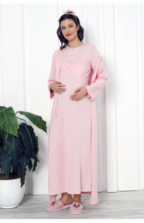 Bebe Pembesi Renk Dantel Detaylı Erdeniz 2262 2 Parça Sabahlıklı Hamile Gecelik Takım