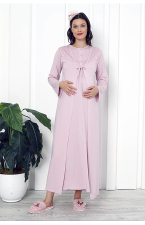 Pudra Renk Dantel Detaylı Erdeniz 2262 2 Parça Sabahlıklı Hamile Gecelik Takım