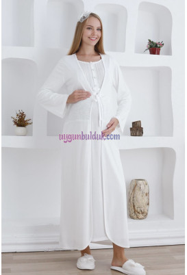 Ekru Renkli ve Dantel Detaylı Erdeniz 2281 2 Parça Sabahlıklı Hamile Gecelik Takımı