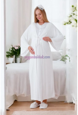 Ekru Renk ve  Dantel Detaylı, Uzun Erdeniz 2284 Sabahlıklı 2 Parça Hamile Gecelik Takım