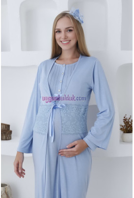Bebe Mavi Renkli ve  Dantel Detaylı Erdeniz 2281 2 Parça Sabahlıklı Hamile Gecelik Takım