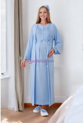 Bebe Mavi Renk ve  Dantel Detaylı Erdeniz 2284 Sabahlıklı 2 Parça Hamile Gecelik Takım