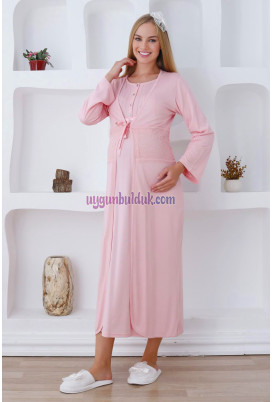 Bebe Pembe Renkli ve Dantel Detaylı Erdeniz 2281 2 Parça Sabahlıklı Hamile Gecelik Takımı