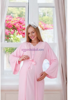 Bebe Pembe Renk ve  Dantel Detaylı Erdeniz 2284 Sabahlıklı 2Parça Hamile Gecelik Takım