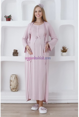 Pudra Renkli ve Dantel Detaylı Erdeniz 2281 2 Parça Sabahlıklı Hamile Gecelik Takımı