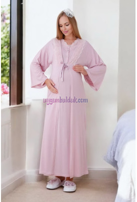 Pudra Renk ve Dantel Detaylı, Uzun, Erdeniz 2284 Sabahlıklı 2 Parça Hamile Gecelik Takım