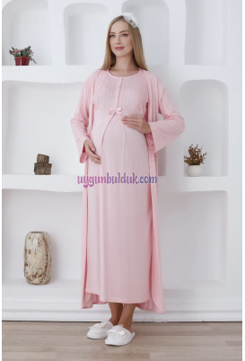 Somon Renkli ve Dantel Detaylı Erdeniz 2281 2 Parça Sabahlıklı Hamile Gecelik Takımı