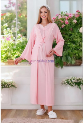 Somon Renk Dantel Detaylı Erdeniz 2284 Sabahlıklı 2li Hamile Gecelik Takım