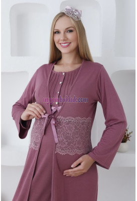 Vişne Renkli ve Dantel Detaylı Erdeniz 2281 2 Parça Sabahlıklı Hamile Gecelik Takımı