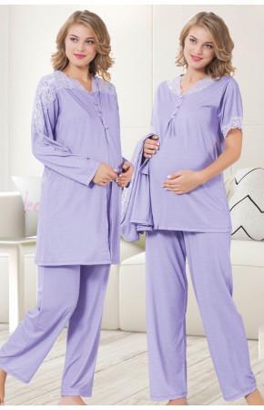 Jenika Lohusa Giyim 3lü Sabahlıklı Hamile Pijaması - Sabahlıklı Lohusa Pijama Takımı