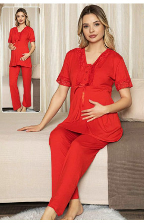 Jenika 47191 Kırmızı Renk Lohusa Giyim 2 li Hamile Pijaması - Kırmızı Lohusa Pijama Takımı Jenika Lohusa Giyim