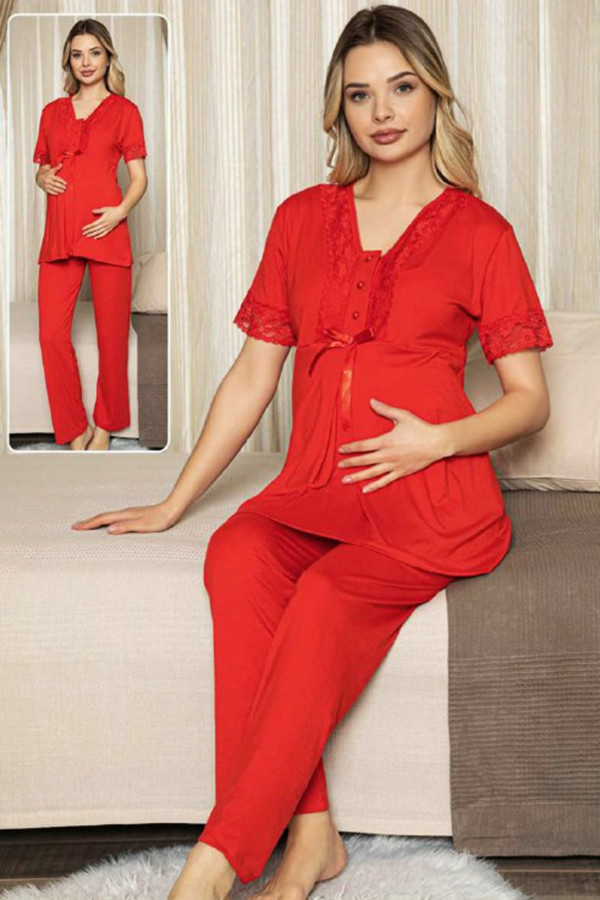 Jenika 47191 Kırmızı Renk Lohusa Giyim 2 li Hamile Pijaması - Kırmızı Lohusa Pijama Takımı Jenika Lohusa Giyim-Jenika