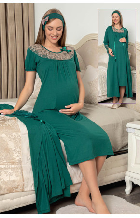 Yeşil Renk Jenika 48130 2 li Sabahlıklı Lohusa Gecelik Pijama Takımı
