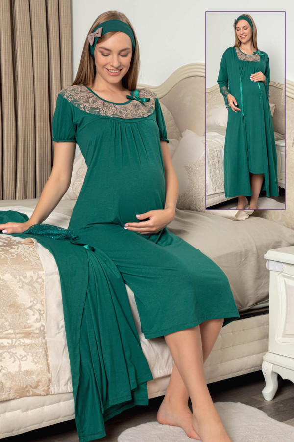 Yeşil Renk Jenika 48130 2 li Sabahlıklı Lohusa Gecelik Pijama Takımı, jenika-48130, Lohusa - Hamile Gecelik Takım