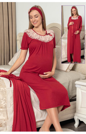 Bordo Renk Jenika 48132 2 li Sabahlıklı Lohusa Gecelik Pijama Takımı