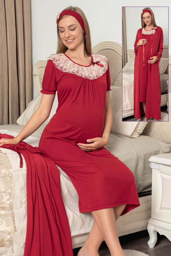 Bordo Renk Jenika 48132 2 li Sabahlıklı Lohusa Gecelik Pijama Takımı, jenika-48132, Lohusa - Hamile Gecelik Takım