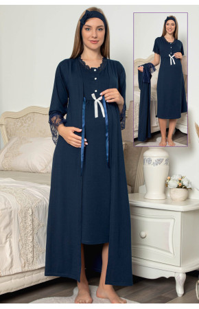 Lacivert Renk  Jenika 48147 2 li Sabahlıklı Lohusa Gecelik Pijama Takımı