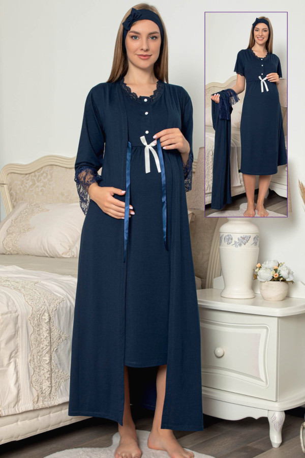 Lacivert Renk  Jenika 48147 2 li Sabahlıklı Lohusa Gecelik Pijama Takımı, jenika-48147, Lohusa - Hamile Gecelik Takım