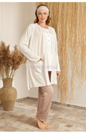 Bej Renk BAHA 4401 Uzun Kol 3'lü ve Ekose Sabahlıklı Hamile Pijama Takım Set