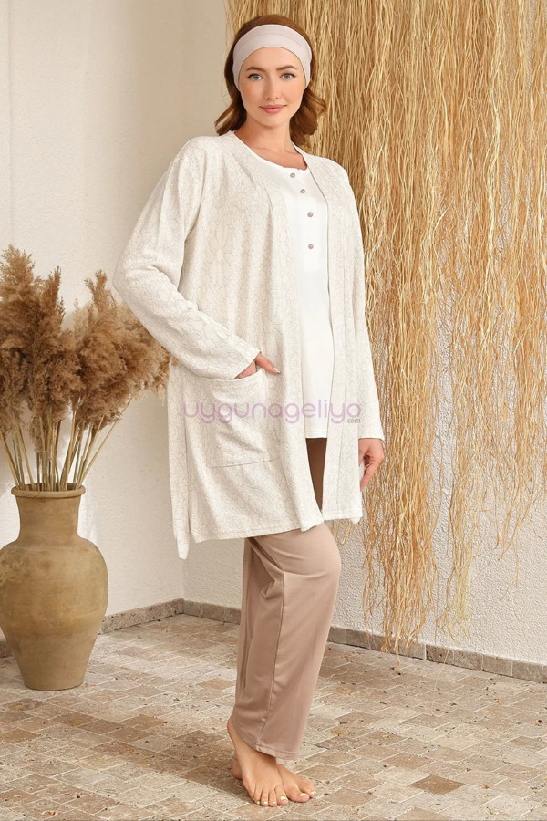 Bej Renk BAHA 4401 Uzun Kol 3lü ve Ekose Sabahlıklı Hamile Pijama Takım Set, ELİT-BAHA-BEJ-4401-M, Lohusa - Hamile Pijama Takımları, ELİT-BAHA-BEJ-4401-M