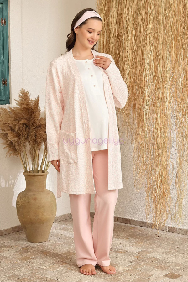 Somon Renk BAHA 4401 Uzun Kol 3lü ve Ekose Sabahlıklı Hamile Pijama Takım Set, ELİT-BAHA-SMN-4401-M, Lohusa - Hamile Pijama Takımları, ELİT-BAHA-SMN-4401-M