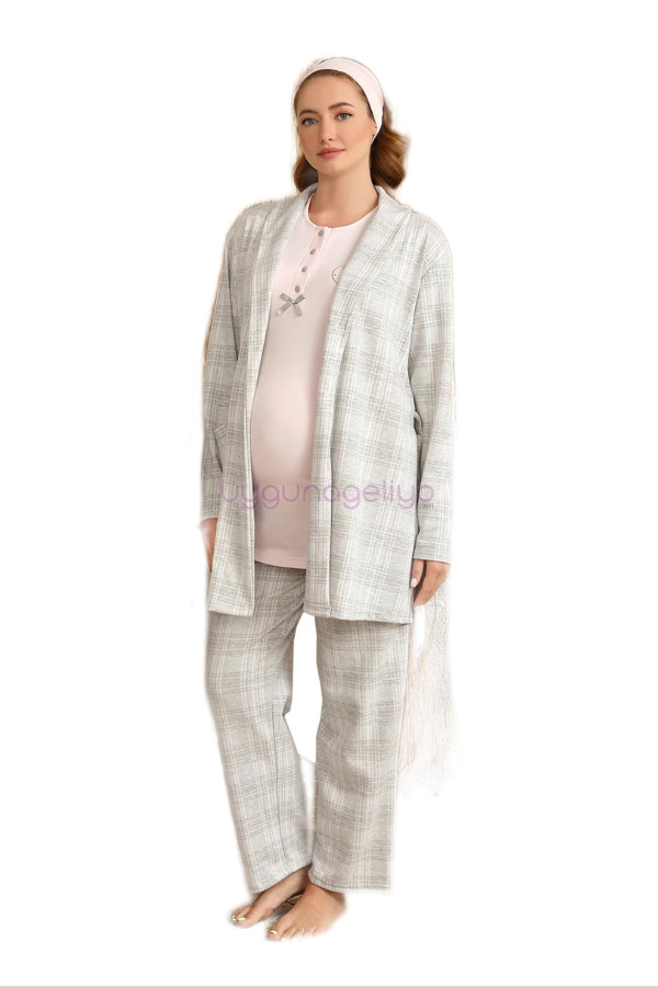 Pembe Renk BAHA 4425 Uzun Kol 3'lü ve Ekose Sabahlıklı Hamile Pijama Takım Set-BAHa Haluk Bayram